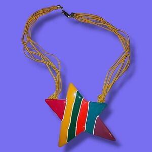 Vintage 80s Large Enamel Star Pendant Necklace Colorful Statement Retro